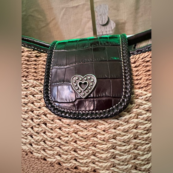 Brighton Coated Straw and Croc Embossed Leather Shoulder Bag. LIKE NEW - Picture 3 of 7